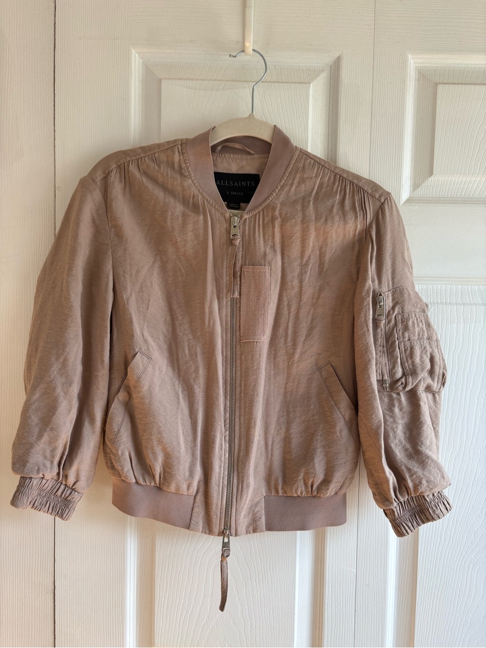 All Saints Taupe Tan Bomber Jacket Blazer‎ Aviator XS Lagenlook Grunge Pocket
